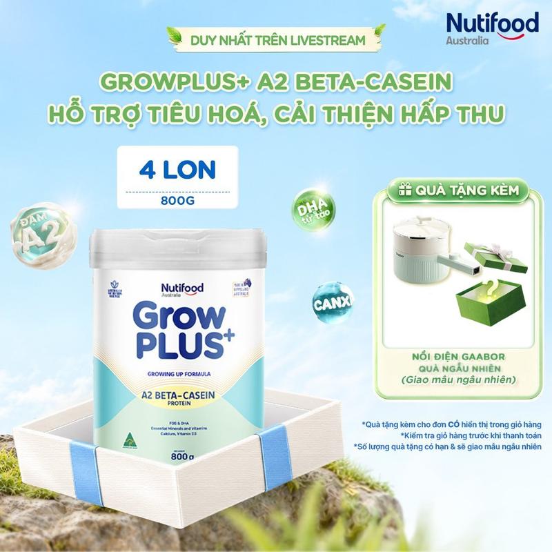 Combo 4 Sữa bột Nutifood Australia GrowPLUS+ Đạm A2 GĐ.I, GĐ.II 800g