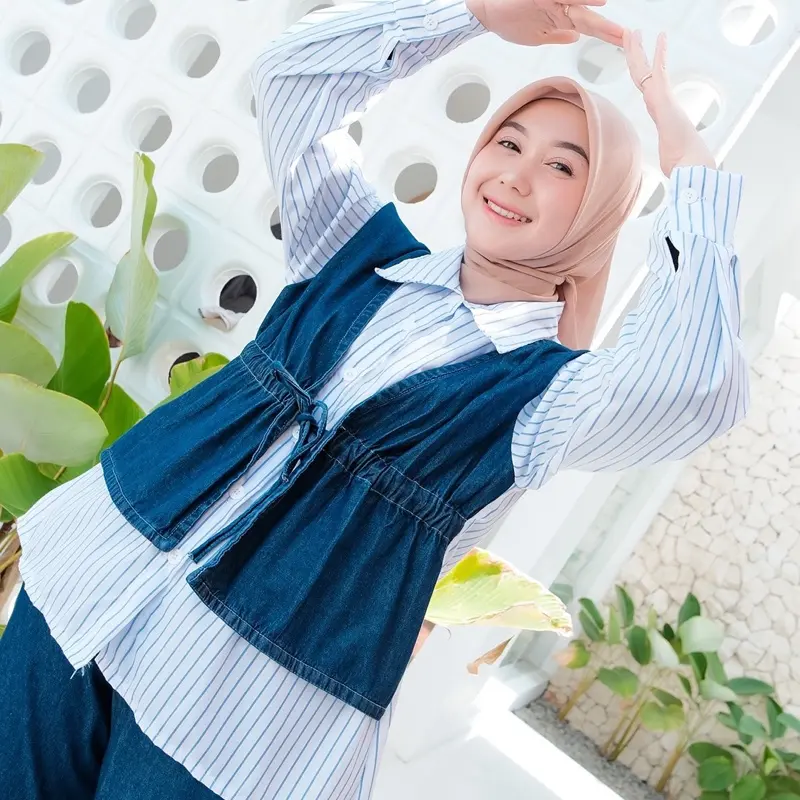 Oneset/setcel jeans wash tali serut mix katun zara setcel wanita denim 3