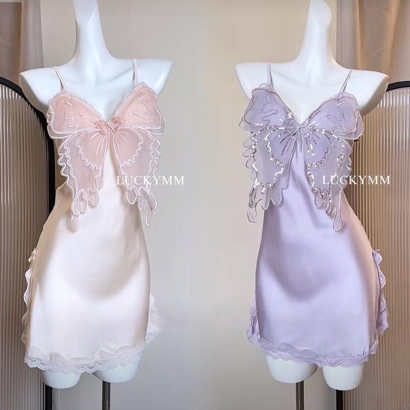 Luckymm Sleepwear Dress Satin Kupu-kupu Baju Tidur Gaun Malam Wanita 458 0