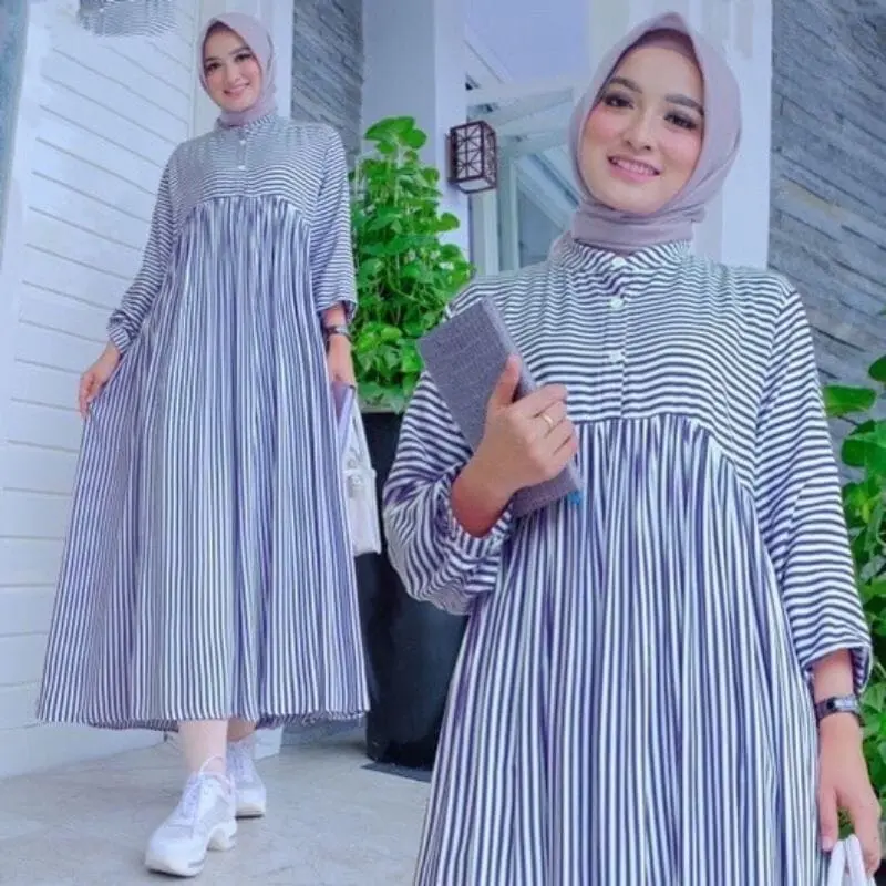 Midi Dress Wanita Muslim Motif Stripe Salur Bahan PolyRayon 4
