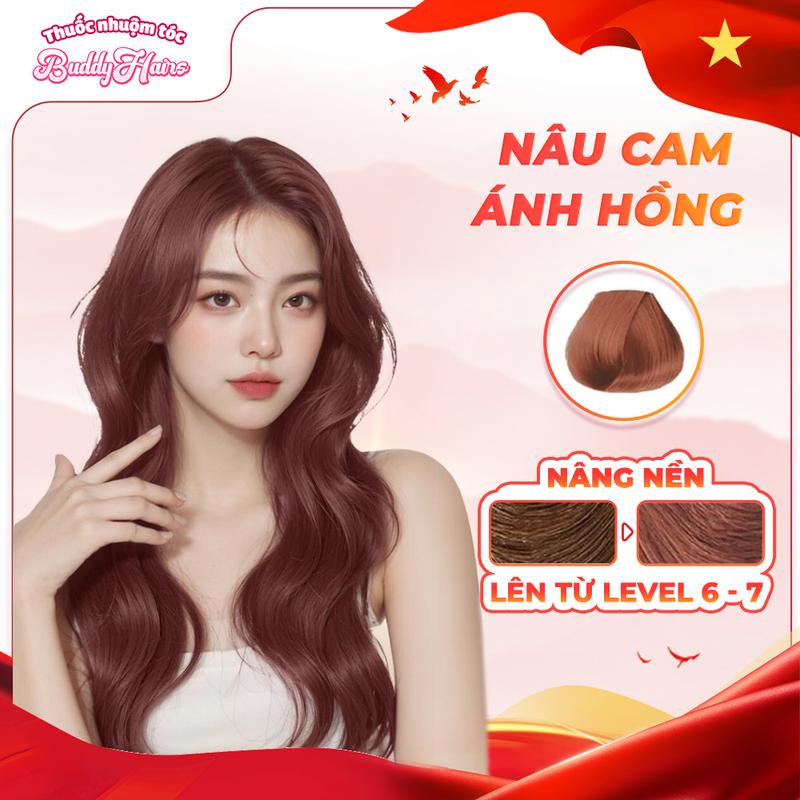 Thuốc nhuộm tóc Nâu cam ánh hồng không dùng tẩy tóc của buddyhairs, ặng kèm găng tay, mũ trùm, trợ nhuộm tiện ích