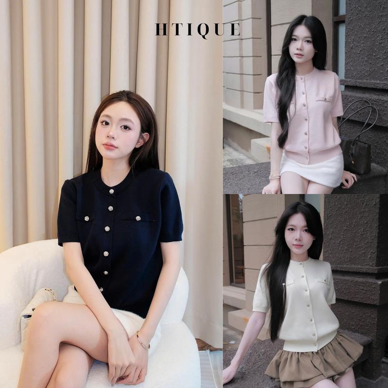 BST HTIQUE Ao len dệt kim siêu sang chảnh Áo len hồng pastel nhấn cúc hoa hồng cao cấp HT25