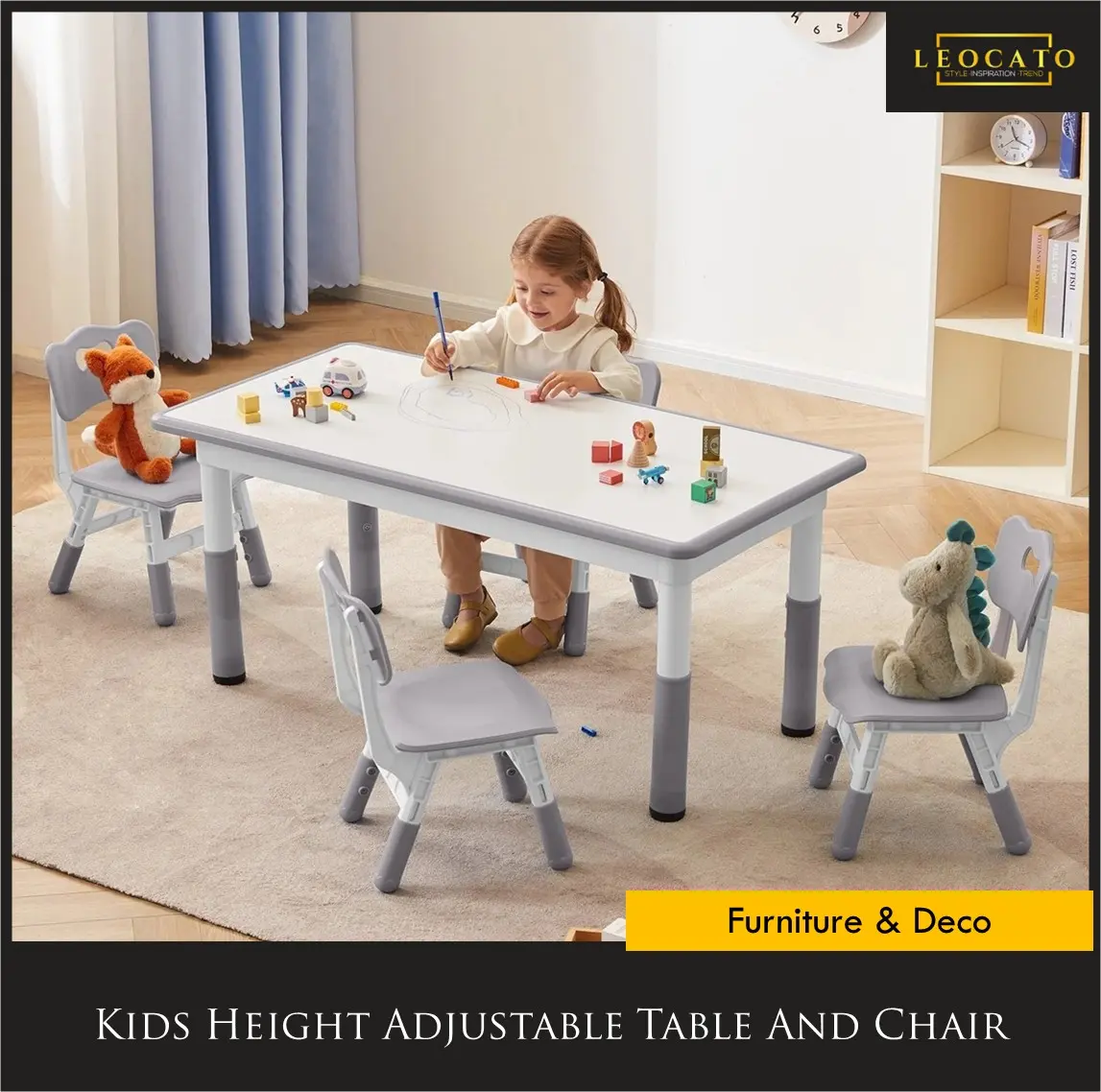 Kids Table and 2 Chairs Set - Toddler Activity Chair - Lightweight Adjustable Height Plastic Desk