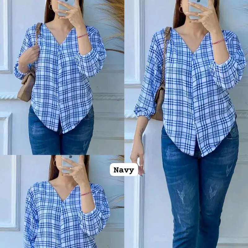 Blouse Kancing Wanita Motif Kotak Ceyflow kringkel Santai 5