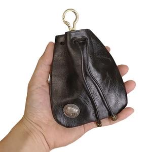 First Layer Cowhide Vintage Women's Mini Key Wallet Card Holder Coin Purse Storage Bag, Drawstring Design, Vintage Style, Unisex, Can Be Hung on Bags or Keychains