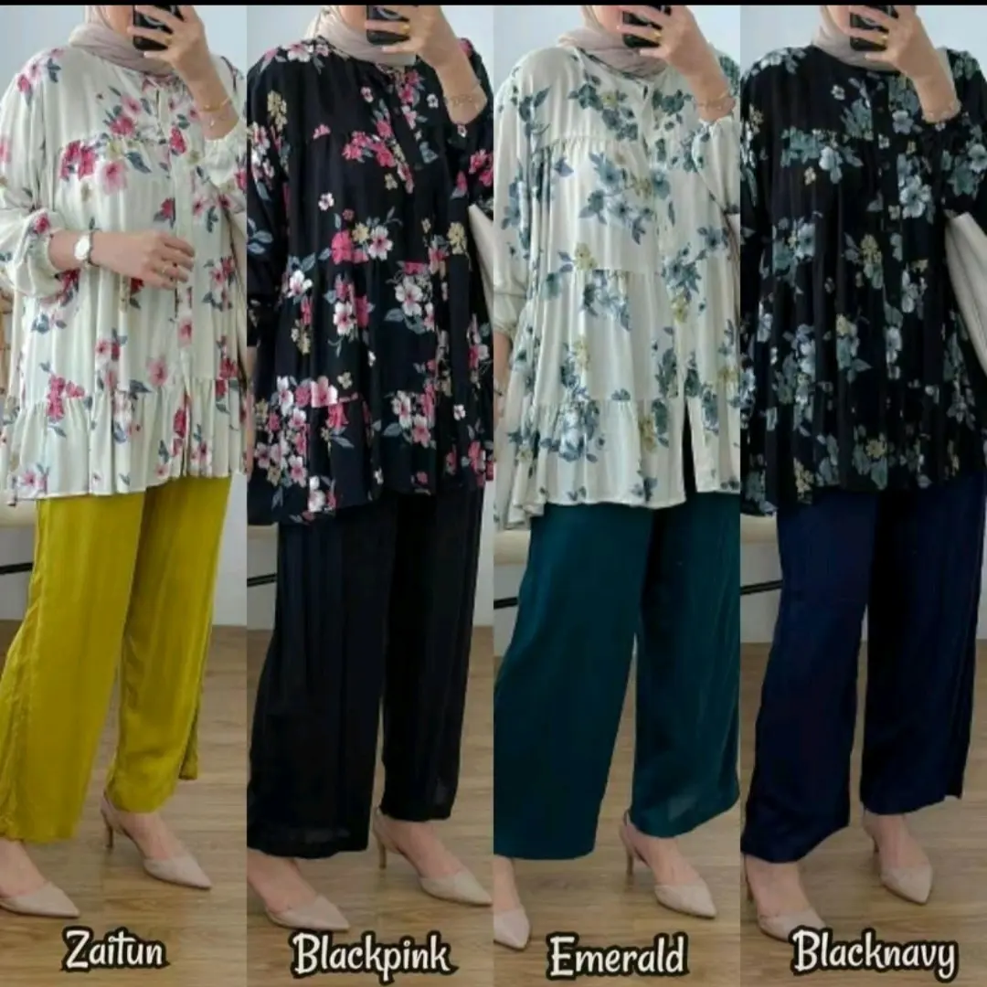 One set Inara Rayon motif Celana cringkel pinggang karet