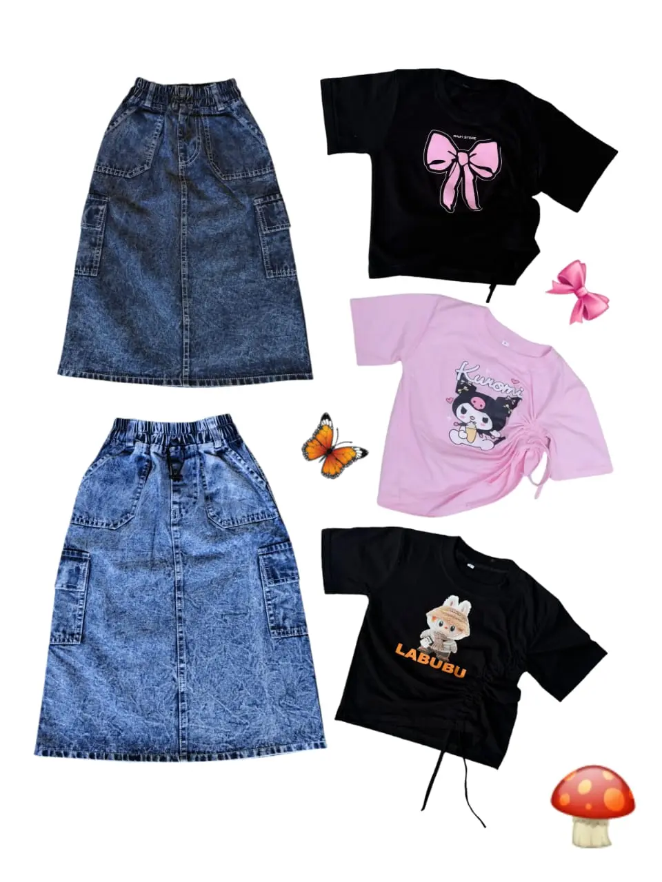 SETELAN ROK JEANS PANJANG YORA CARGO ANAK PEREMPUAN // ONE SET ROK PANJANG YORA CARGO KAOS CROP TOP ANAK ANAK USIA 2-7 TAHUN Katun Bayi