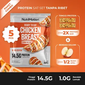 NutriMotion Dada Ayam Tinggi Protein Ready to Eat 5 Pouch - 250 Gram | Rendah Lemak & Kalori Dengan Rasa Blackpepper Dada Ayam Fillet