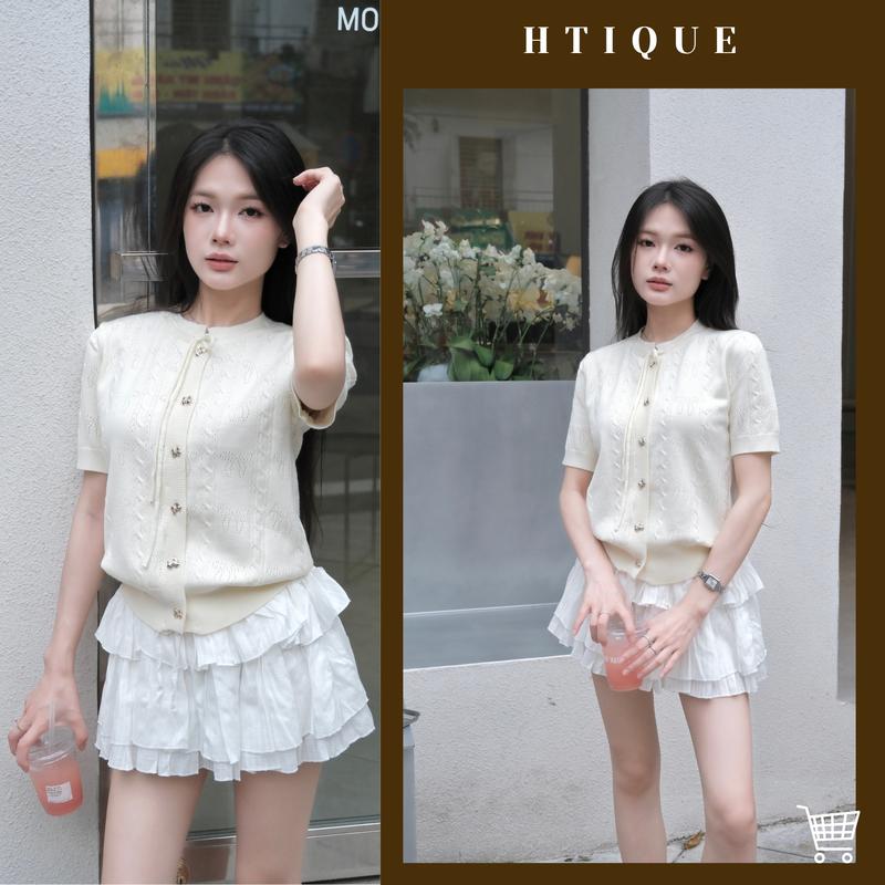 XẢ KHO Áo len dệt kim đục lỗ nơ siêu điệu đà áo dệt kim thiết kế kèm khuy nơ siêu sang chanh HT15