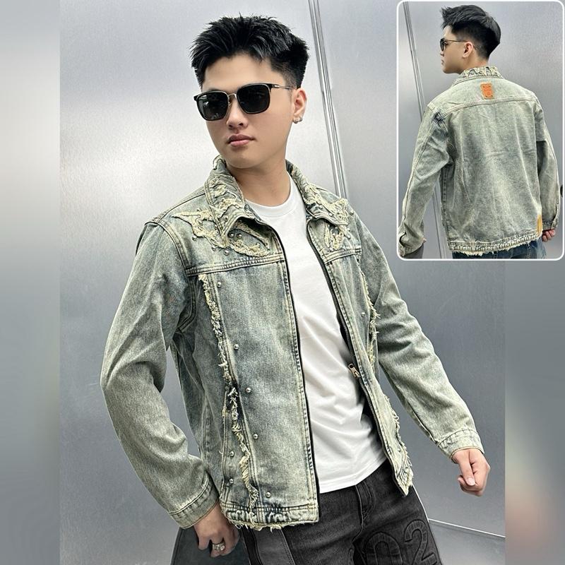 DENIM GUANG ZHOU Áo Khoác Jean Nam Wash Bụi Rách Đính Đá Cực Chất - Phối Khoá Zip Cao Cấp AK-707