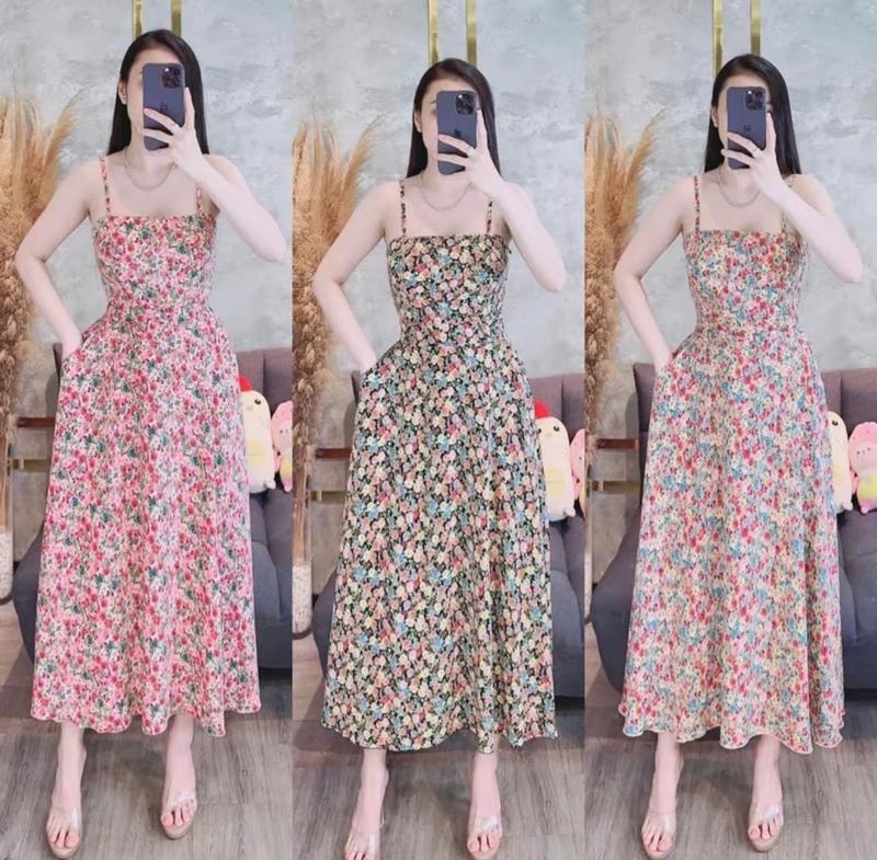  Váy hai dây dáng xòe hoa nhí xếp ly váy xuông dáng dài chun lưng đi biển váy midi dài xòe cho nữ VD04 - Kimshop 