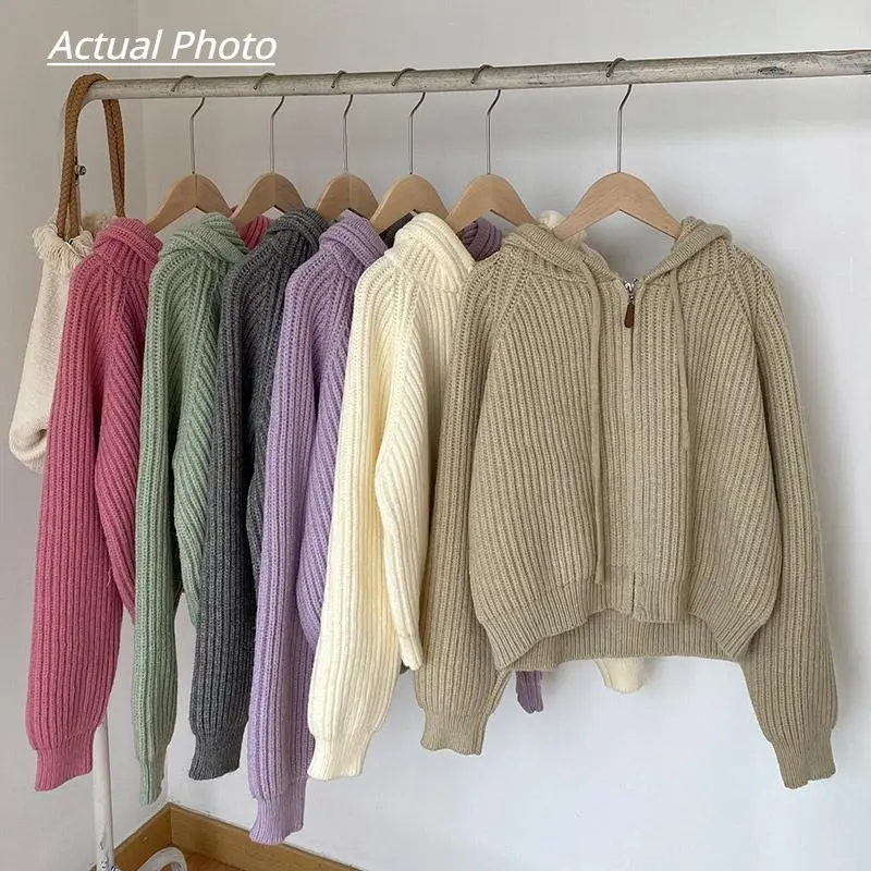6 Colors Coarse Knit Hooded Cardigan Female Korean Simple Style Zipper Sweater