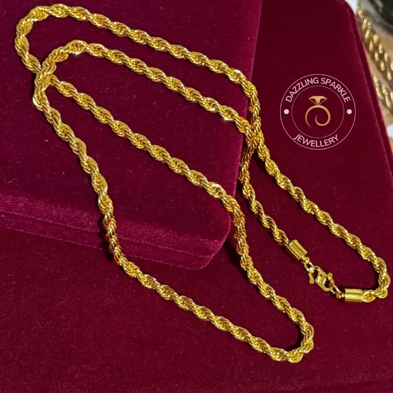Necklace ROPE Long chain Bangkok premium 999.9/916 Gold plated with engraved chop 916 ( weight 44.9gm) EXTRA COATING PLATING FOR LONG SHINE. (4mm 70cm also available)