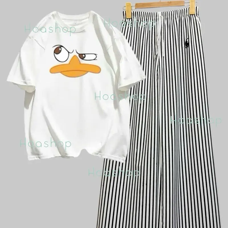 ￼Set bộ áo thun cotton form rộng mix quần xuông kẻ dọc thêu ngựa hot women 4