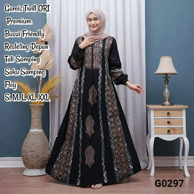 Gamis twill original 100% kancing susun Panjang Wanita Muslim 1