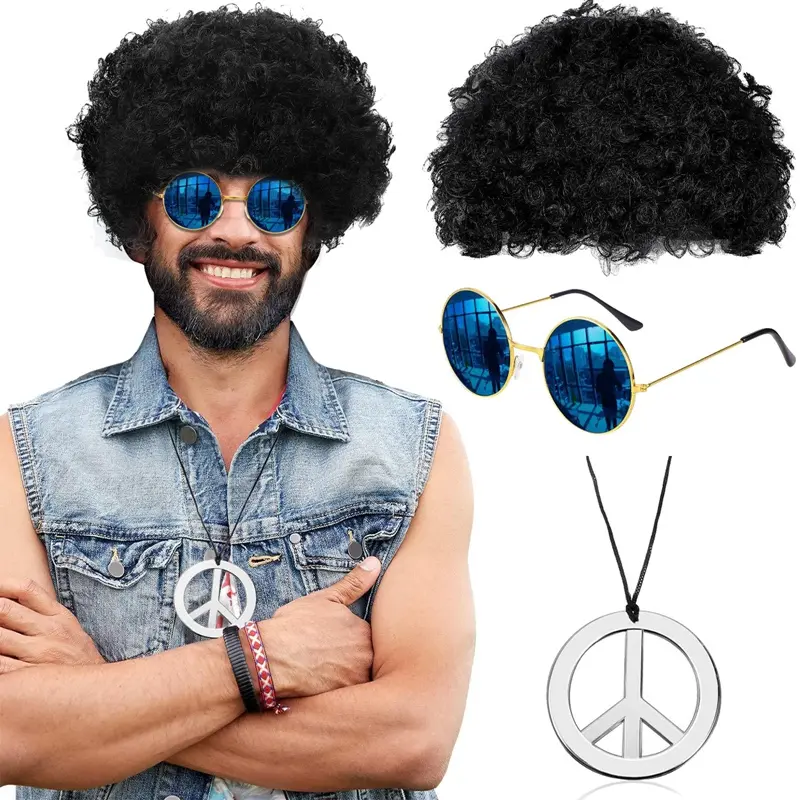 Hip Hop Costume Set Funky Afro Wig Sunglasses Peace Sign Necklace For 50/60/70s Theme Party