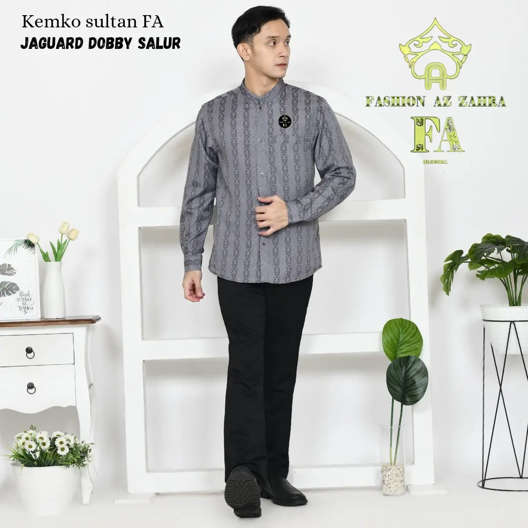 Kemeja Koko Pria Dewasa Lengan Panjang Motif Dobby | Kancing Depan | Atasan Muslim  Kain Nyaman