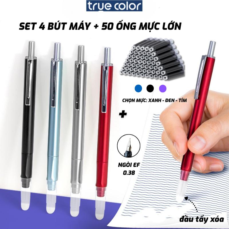  Set 4 bút máy + 50 ống mực XÓA ĐƯỢC bút máy học sinh kèm ống mực xanh đen tím bút luyện viết chữ đẹp ngòi EF có đầu tẩy xóa được bút mực học sinh tiểu học - cố định cách cầm nắm màu macaron 