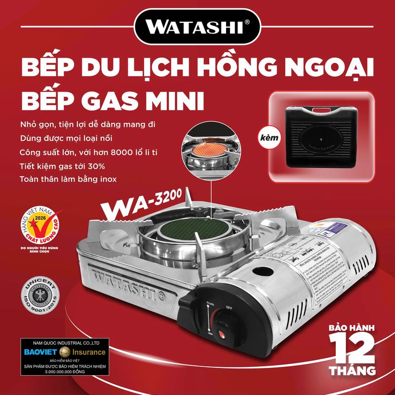 Bếp Gas Mini Hồng Ngoại WATASHI WA-3200 Inox - Tiết Kiệm Gas - Hơn 8.000 Lỗ Đầu Đốt - Lửa Đều - Dùng Cho Gia Đình, Du Lịch