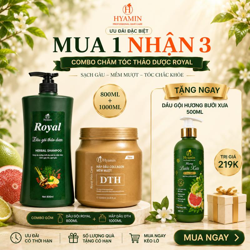 [MUA 1 NHẬN 3] Bộ Sản Phẩm Hyamin Dầu Gội Thảo Dược 800ML Sạch Gàu Và Kem Ủ Tóc 