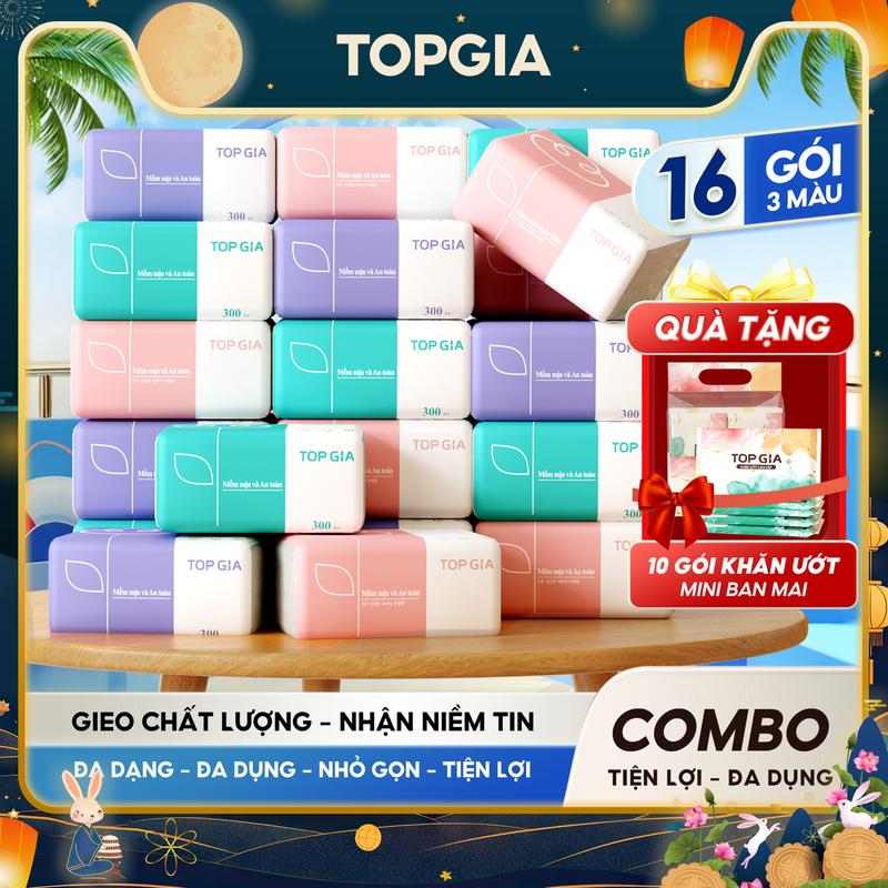 GIẤY LỤA Thùng 16 gói giấy 3 màu TẶNG KÈM 10 gói Khăn Ướt mini TOPGIA 4 lớp giấy dai dày mềm mại Giấy Vệ Sinh Khăn Giấy Topgia 3 màu mềm mịn an toàn tiết kiệm F0100