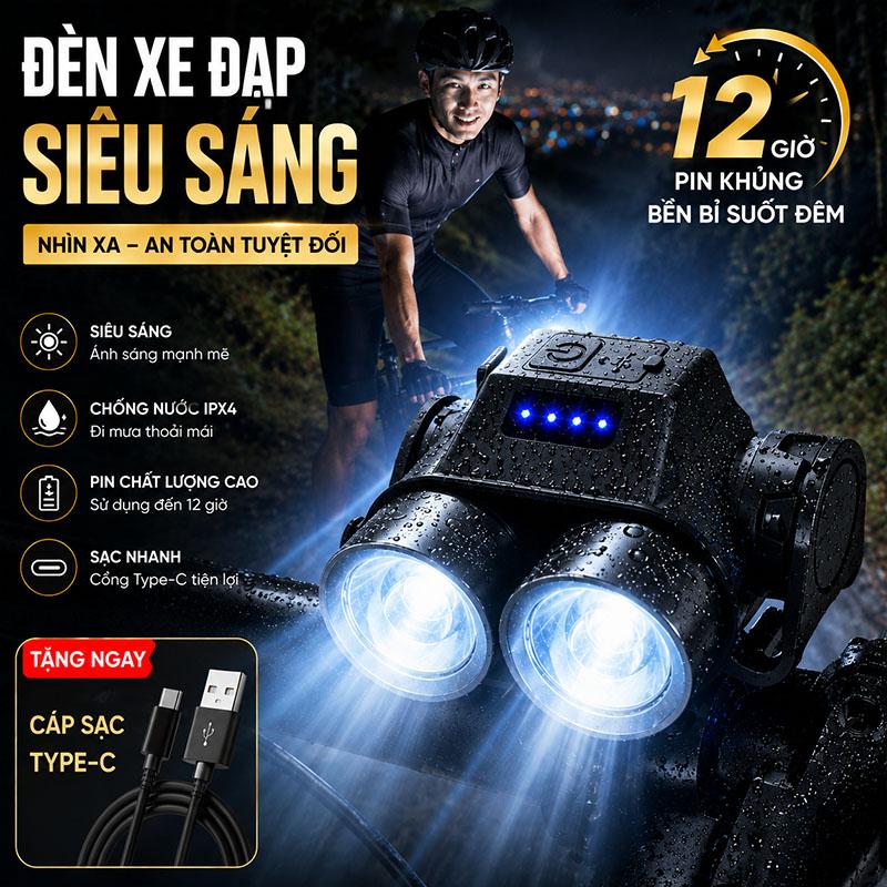 Đèn pha xe đạp LED siêu sáng USB sạc Type-C chống nước chiếu xa Thời lượng pin…