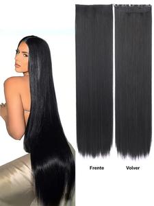 Extensiones de cabello sintético negro de 30 pulgadas, largo y recto, 1 pieza, clip en hebras con costura invisible, resistente al calor. Adecuado para festivales, fiestas, cosplay, vacaciones y uso diario.