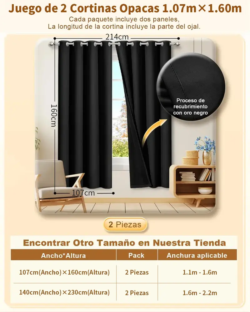 2Pzs Cortinas Blackout 100% Bloqueo de Luz para Habitación, Para Ventana 214x160cm/280x230cm,marco decorativo, aislamiento térmico, reducción de ruido y tejido impermeable ,diseño moderno,Ideales para dormitorios y salas de estar.Disponible en varios colores y tamaños. - Foto 11