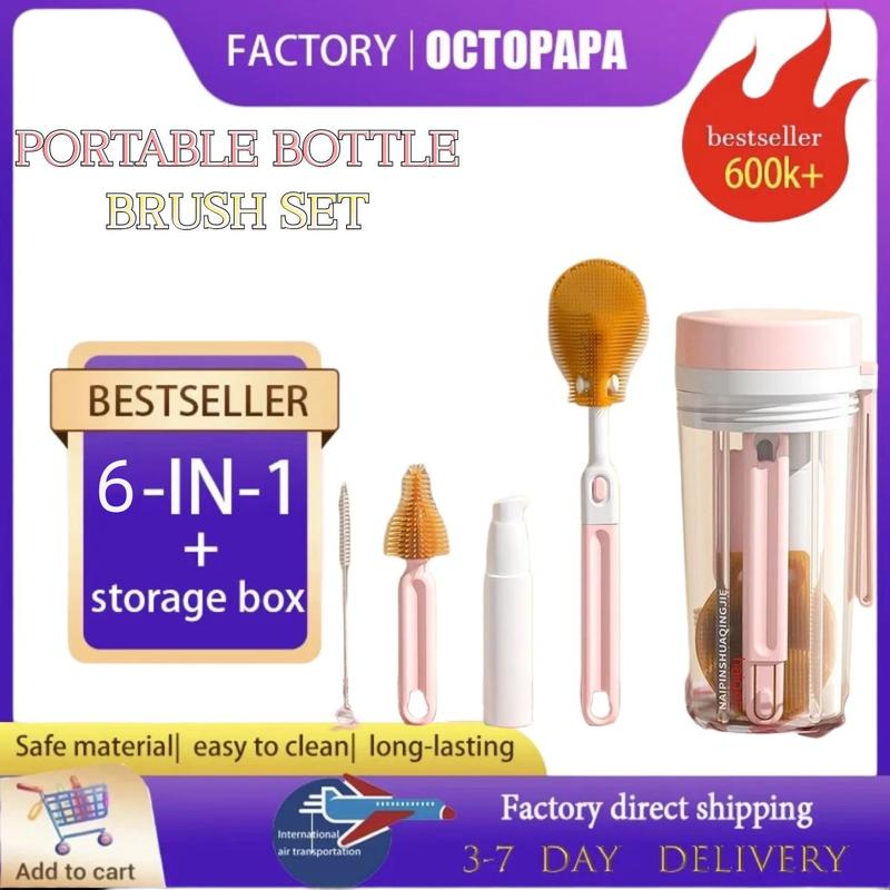 Bộ Cọ Rửa Bình Sữa Cho Em Bé Trẻ Sơ Sinh Cầm Tay, Làm Bằng Silicon, Thích Hợp Cho Bình Sữa Cho Con Bú Và Ống Hút, Có Giá Thoát Nước Tích Hợp, Lý Tưởng Cho Du Lịch