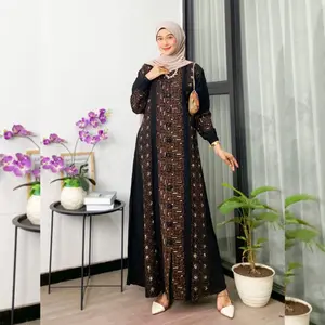 Naya Batik - Gamis Twill Ori Pekalongan Cap Malaman Bukan Sablon Motif Batik Dress Muslim Wanita Lengan Karet Tanpa Rempel Tali Samping Full Kancing Katun Mewah