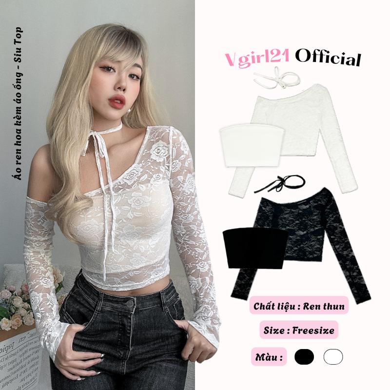 Áo Ren Nữ Tay Dài Xuyên Thấu Họa Tiết Hoa Kèm Áo Croptop Ống - Áo Lưới Ren Ôm Body Sexy Women Top | Freesize | Màu Trắng, Đen, Hàn Quốc Hot Trend Đi Chơi, Hẹn Hò, Sống Ảo
