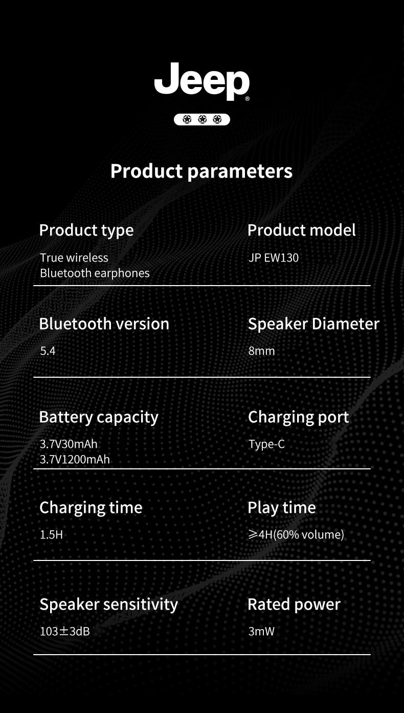 Jeep EW130 TWS Wireless Earbuds Bluetooth 5.4 Gaming Earphone Deep Bass Baterai Ekstra Besar Dengan fungsi Pengisian Terbalik IPX5 Waterproof Sports Headset with Mic