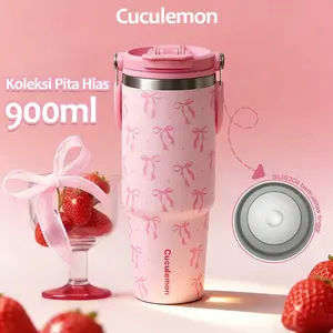Cuculemon Tumbler 890ML Motif Aesthetic Kupu Kupu Pita Tahan Panas Dingin Stainless Steel 304 Vakum Insulated Dua Mode Minum Botol Minum Portable Car Thermos