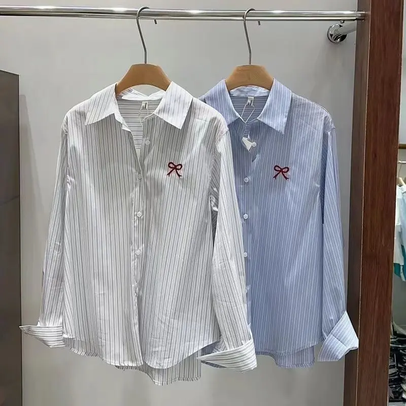 Áo Thời Trang Nữ, Phong Cách Cổ Điển Dáng Rộng Vừa Vặn, Cổ Ve Áo, Thêu Kẻ Sọc, Hàng Có Sẵn Hàn Quốc, Áo Cánh Top Women