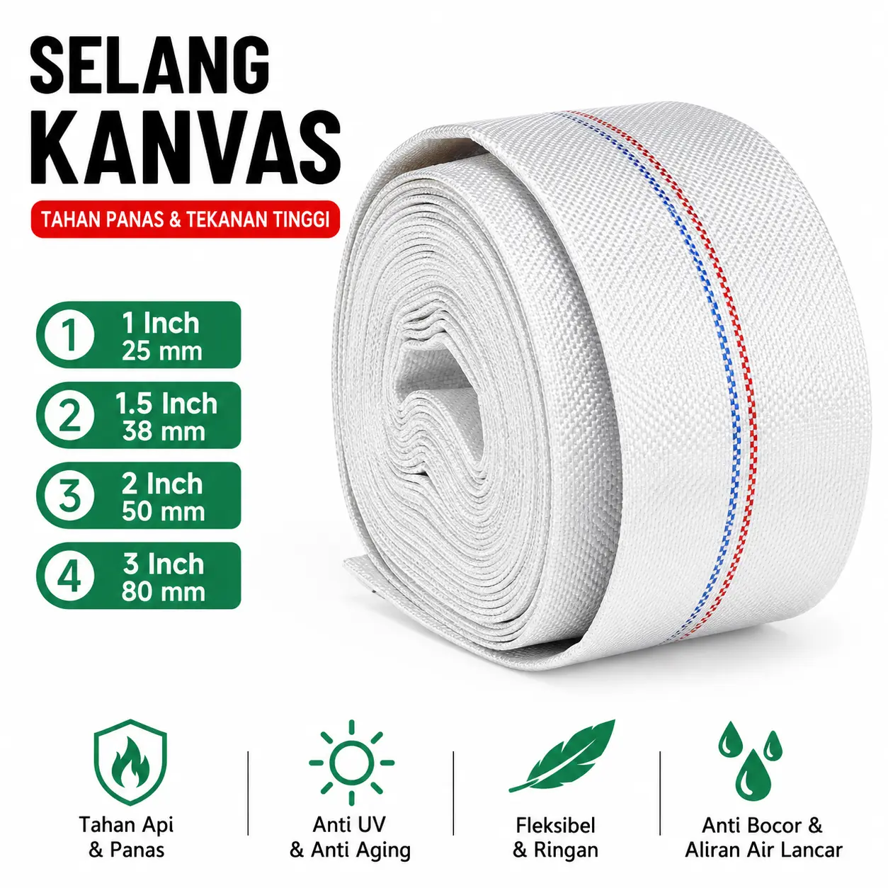 Selang Kanvas Datar Fleksibel untuk Pompa Air, Selang Drainase & Pembuangan Air Tahan Tekanan