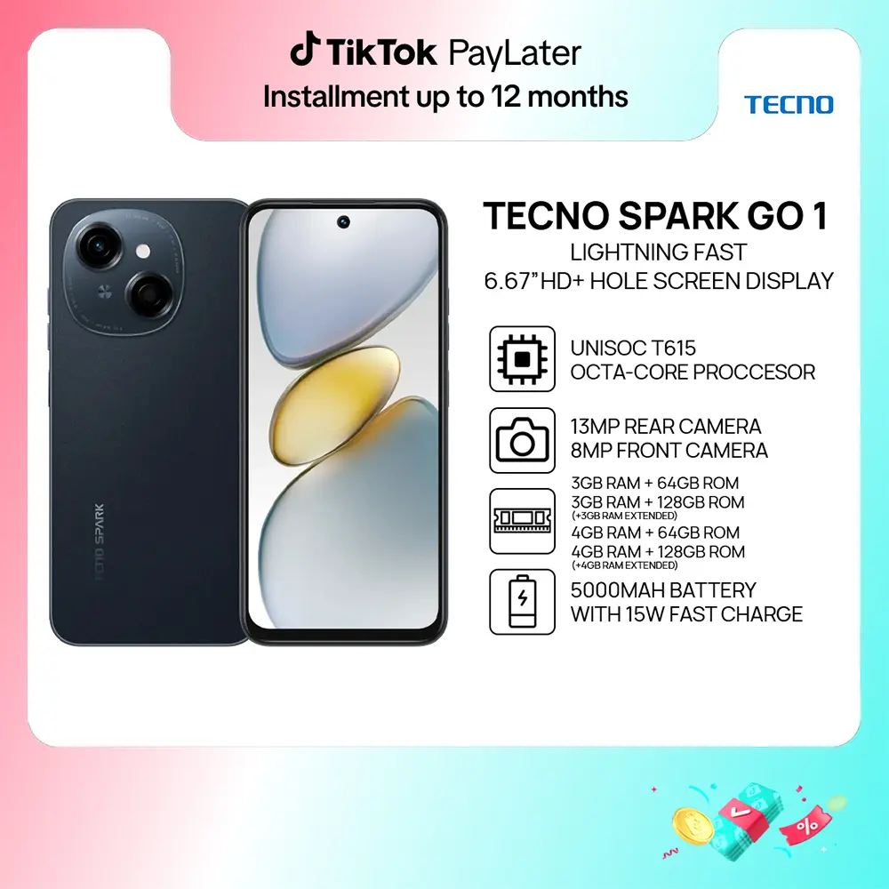 [NEW!] TECNO Spark Go 1 Smartphone | 3GB + 128GB RAM + ROM | Unisoc T615 | 6.67” HD+ 120Hz Hole Screen Display | 13MP Main Rear Camera | 5000mAh Battery W/ 15W Fast Charge