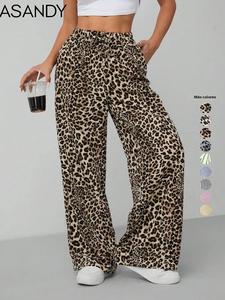 Pantalones de pierna ancha con estampado de leopardo y frente con lazo, cómodos pantalones de pierna recta para uso diario, pantalones para damas para todas las estaciones, ropa de mujer