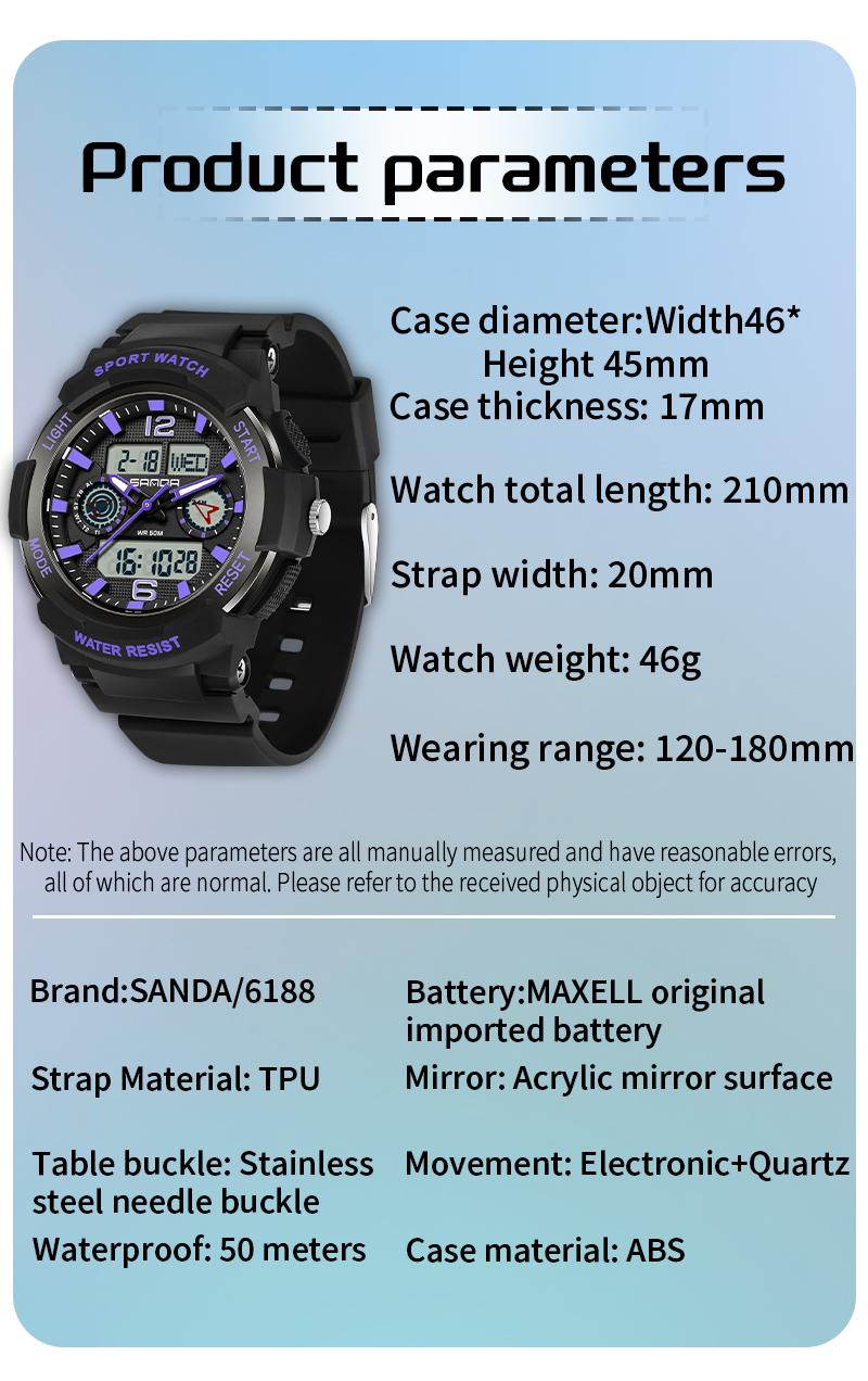 Product Introduction of SS24 Sanda 6188 Men's Fitness Outdoor Sports Watch Student Fashion Sports Waterproof Watch, Electronic Watch 19