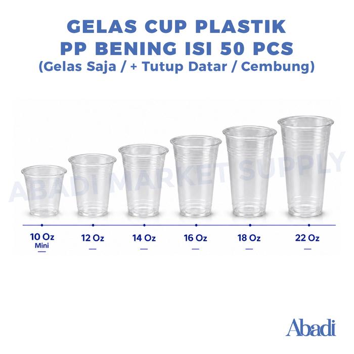 Gelas Cup Plastik Bening Isi 50pcs 10oz 12oz 14oz 16oz 18oz 22oz Datar Oval - 18 oz Oval, Gelas + Tutup Datar di Abadi Market Supply