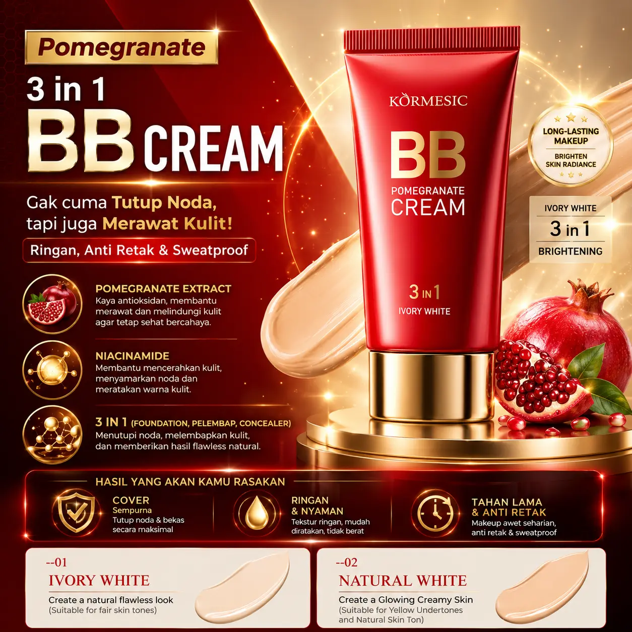 [BPOM] KORMESIC BB Cream Natural & Ivory Foundation Ringan dengan Coverage Natural, Hasil Glowing, Tahan Lama