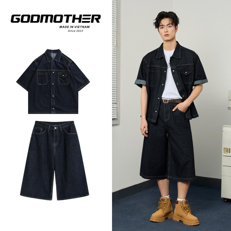 Set Quần Áo Denim GODMOTHER 2025 Đồ Bộ Nam Denim (Áo + Quần) Cộc Tay Form Rộng Trẻ Trung Cao Cấp