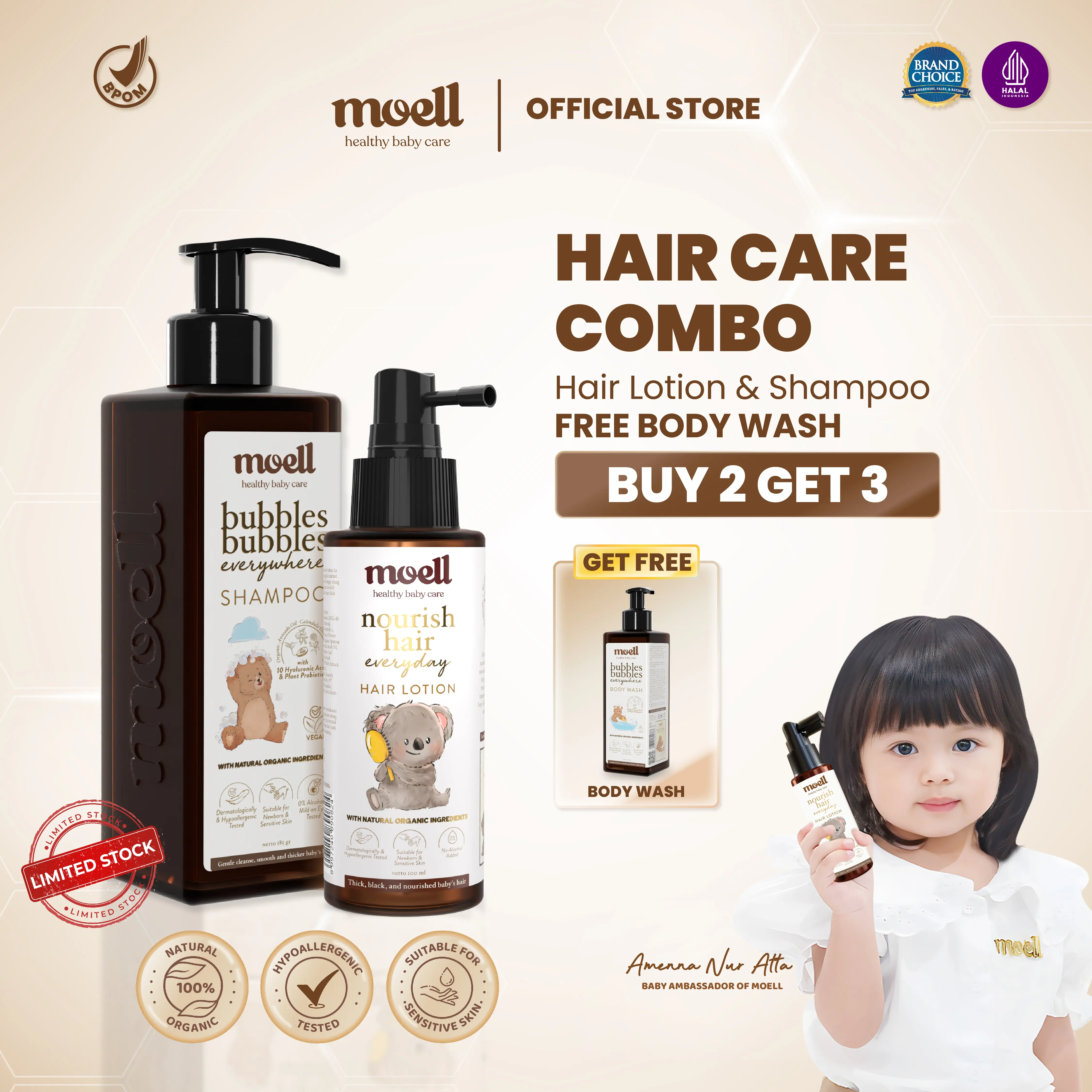 BUY 2 GET 3 Moell Hair Care Shampoo 185ml & Hair Lotion 100ml FREE Body Wash 185ml - Hair Care With Panax Ginseng, Candlenut Oil, Biotin - Hair Care Rambut Anak & Bayi