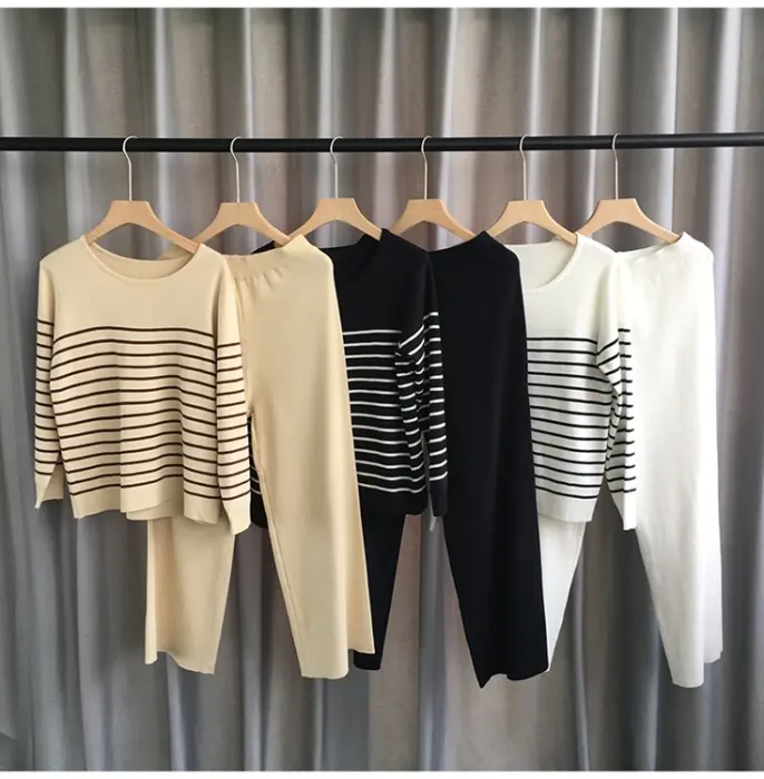 Fashion Muslimah knitted striped suit women's spring and autumn long-sleeved top and wide-legged pants casual two-piece