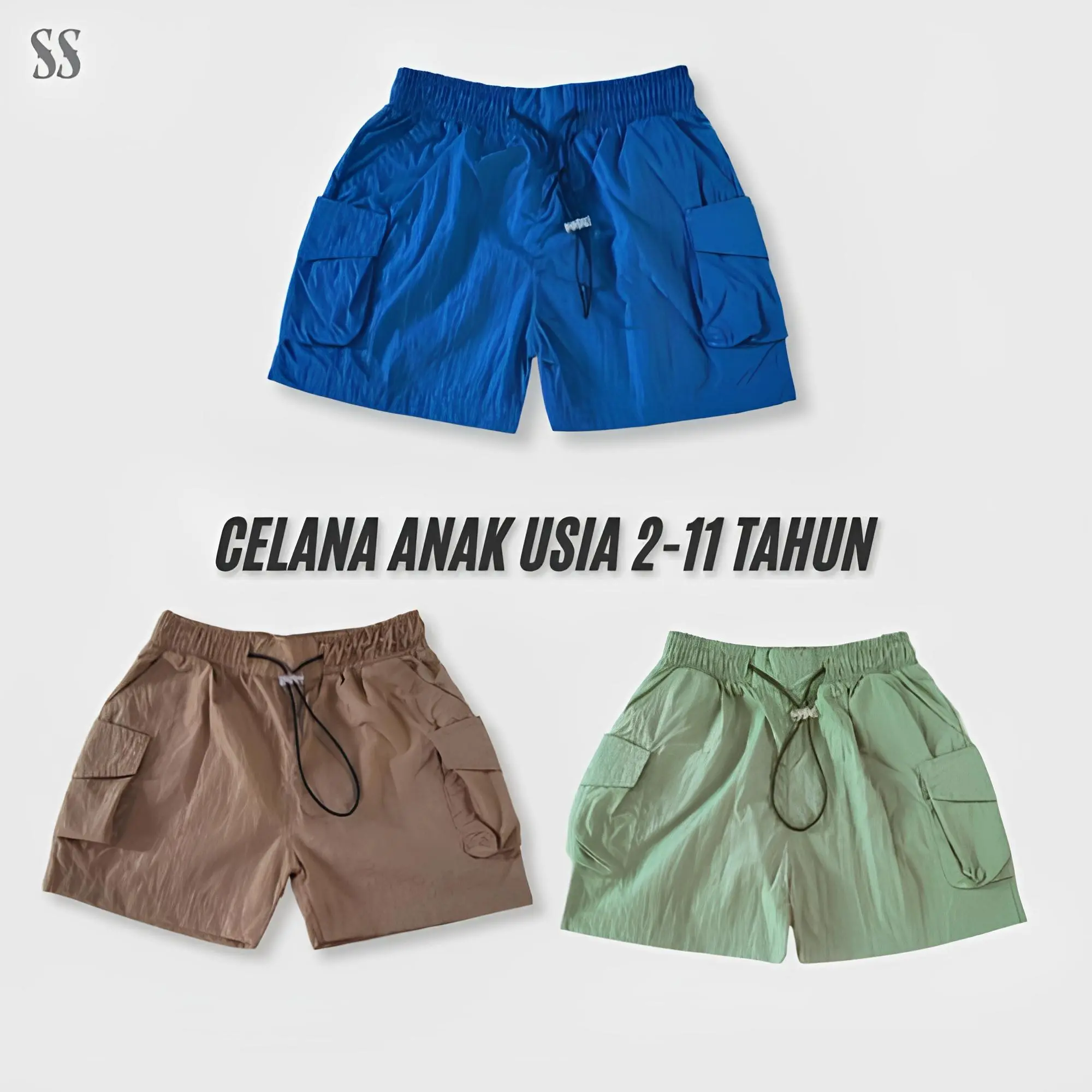 ISI 1&3 PCS CELANA CARGO PENDEK ANAK USIA 1-10 TAHUN MATTERIAL DUSKY CRINKLE PARASUT