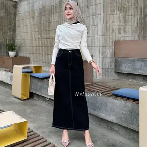 Rok Jeans Span Highwaist Premium Hitam Panjang Wanita Karet Kancing