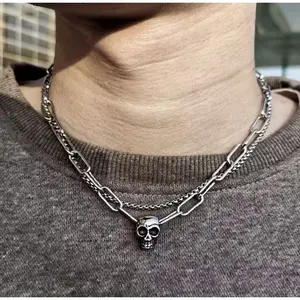Kalung Kepala Tengkorak Silver Rantai Double Layer Terkece dan Terlaris untuk Pria dan Wanita Tidak Mudah Karatan Titanium Anti Karat 50cm & 60cm Desain Unik dan Keren
