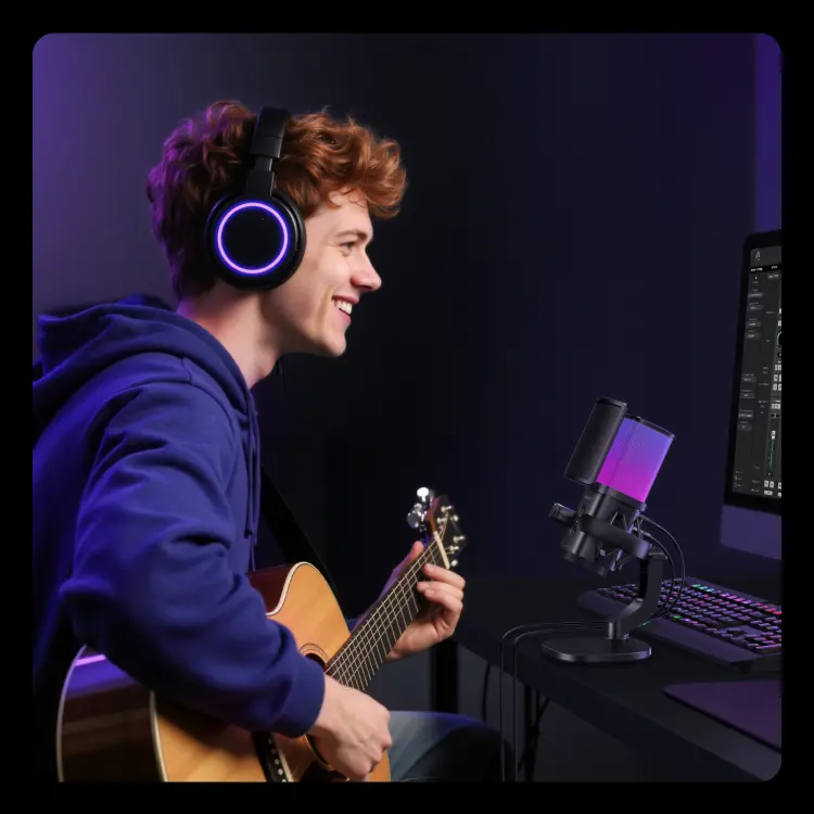 Product Introduction of UGREEN, Micro chuyên nghiệp RGB, Giảm tiếng ồn DSP, Hiệu ứng đèn RGB 96kHz/24-bit, Dành cho Game, Compatible with Windows & MacOS 12