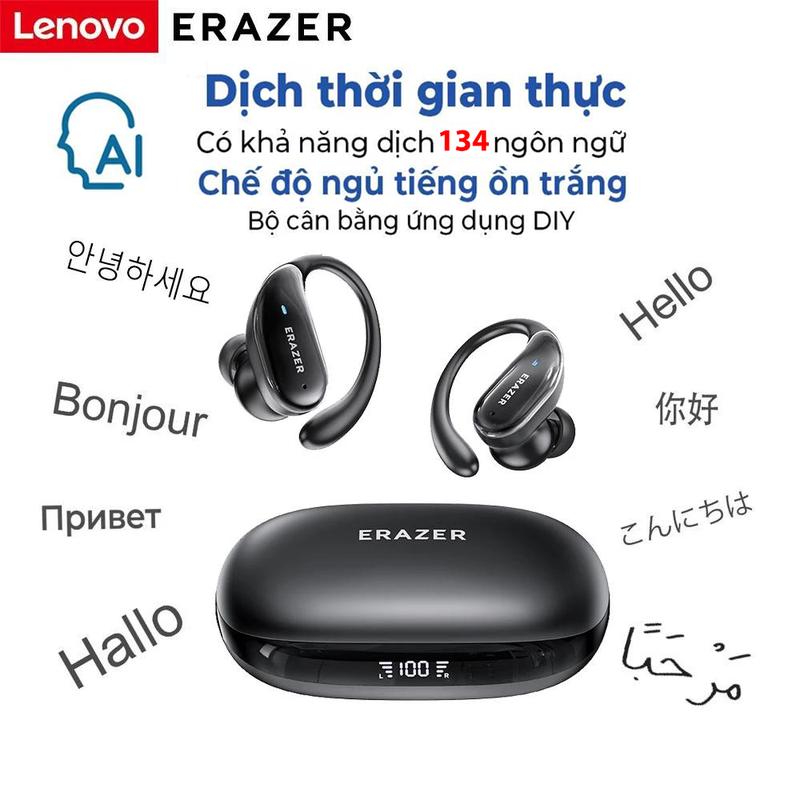 Tai Nghe Nhét Tai Nghe Dịch AI Lenovo ERAZER XT80PRO Phiên Bản Mới Năm 2025 Dịch Thời Gian Thực 135 Ngôn Ngữ Âm Thanh ANC + OWS Hi-Fi Chống Nước IPX5 Pin 40 Giờ Có Màn Hình