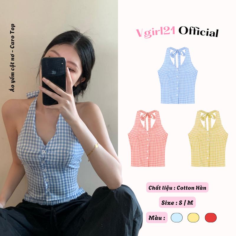 Caro Top - Áo Croptop Nữ - Áo Cổ Yếm Có Mút Hở Lưng  Mùa Hè - Chất Cotton - Kiểu Yếm Cột Dây Lưng Bo Chun Basic Năng Động Quyến Rũ