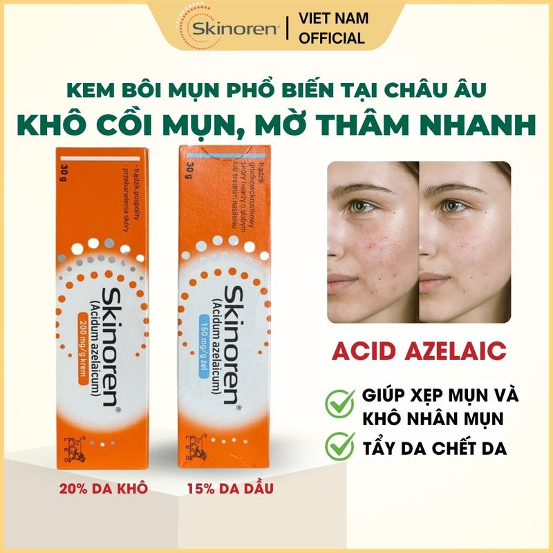 Kem bôi da mụn Skinoren 20% Acid Azelaic 30g Leo Pharma hỗ trợ giảm mụn trứng cá mờ thâm nám sạm da mụn đầu đen - Skincare